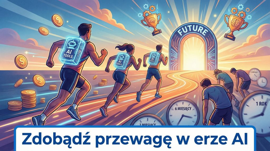 Ilustracja grupy biegaczy z plecakami "AI Tools" pędzących do bramy "FUTURE", zdobywających przewagę w erze AI nad innymi