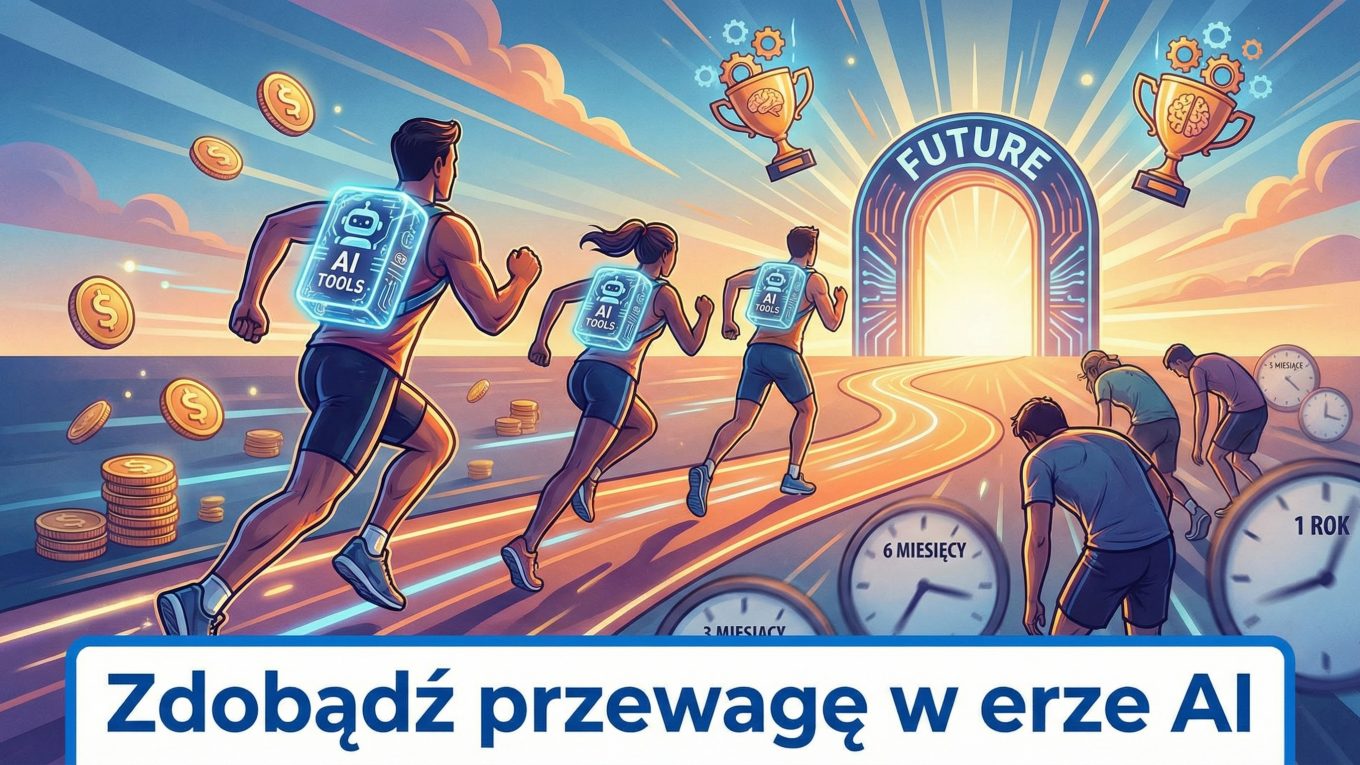 Ilustracja grupy biegaczy z plecakami "AI Tools" pędzących do bramy "FUTURE", zdobywających przewagę w erze AI nad innymi