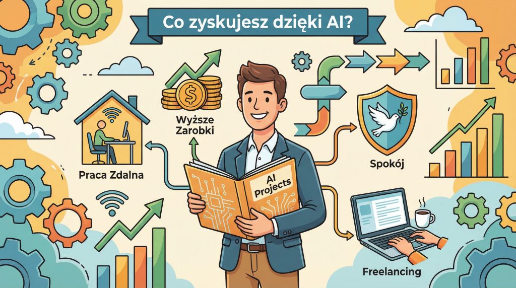 Ilustracja mężczyzny czytającego książkę "AI Projects", otoczonego ikonami pracy zdalnej, wyższych zarobków, spokoju i freelancingu dzięki AI.